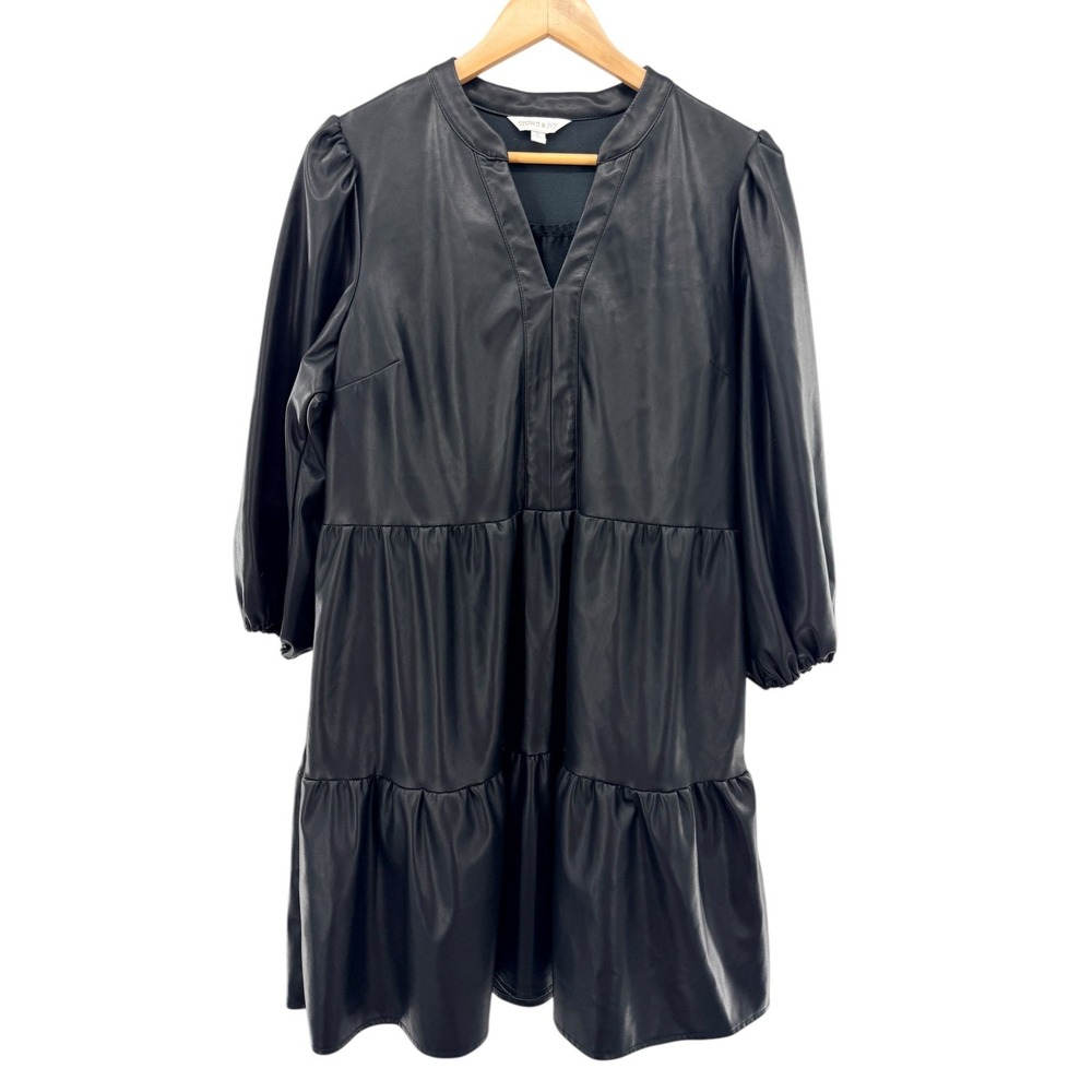 Crown & Ivy Women's 3/4 Puff Sleeve Vegan Leather Dress Womens Size‎ L Goth Edgy